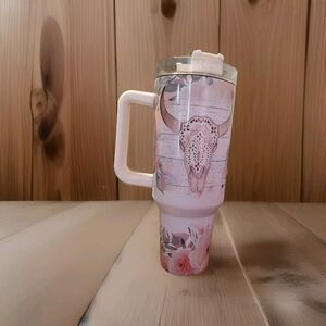 Cow Skull And Floral Tumbler With Handle - Pink and White - 40 oz - Stainless